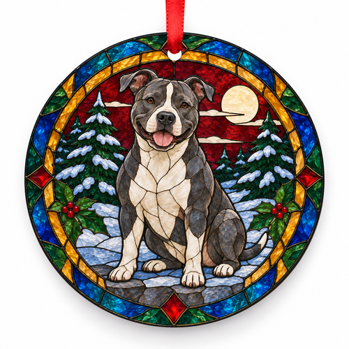 Original American Staffordshire Terrier stained glass style porcelain Christmas ornament with red ribbon