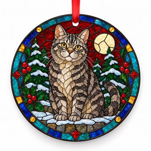 Original American Wirehair stained glass style porcelain Christmas ornament with red ribbon