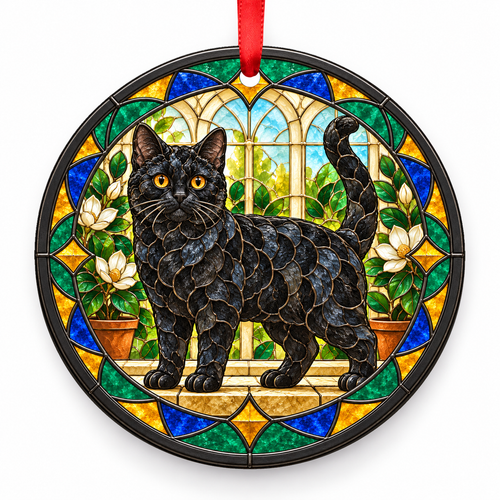 Black American Wirehair stained glass style porcelain Christmas ornament with red ribbon