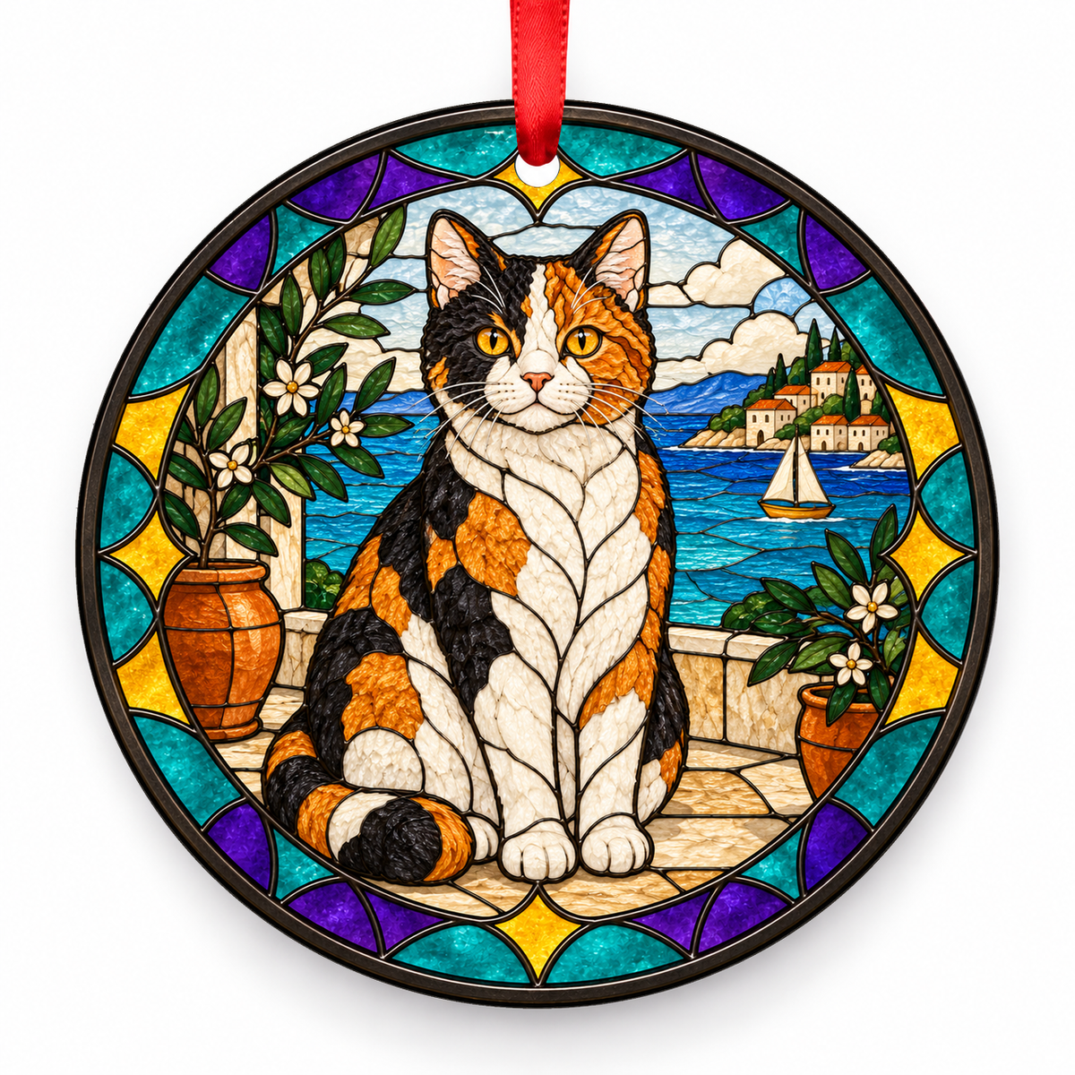 Calico American Wirehair stained glass style porcelain Christmas ornament with red ribbon