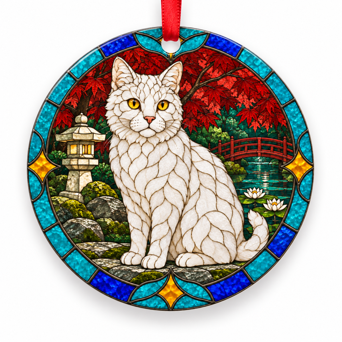 White American Wirehair stained glass style porcelain Christmas ornament with red ribbon