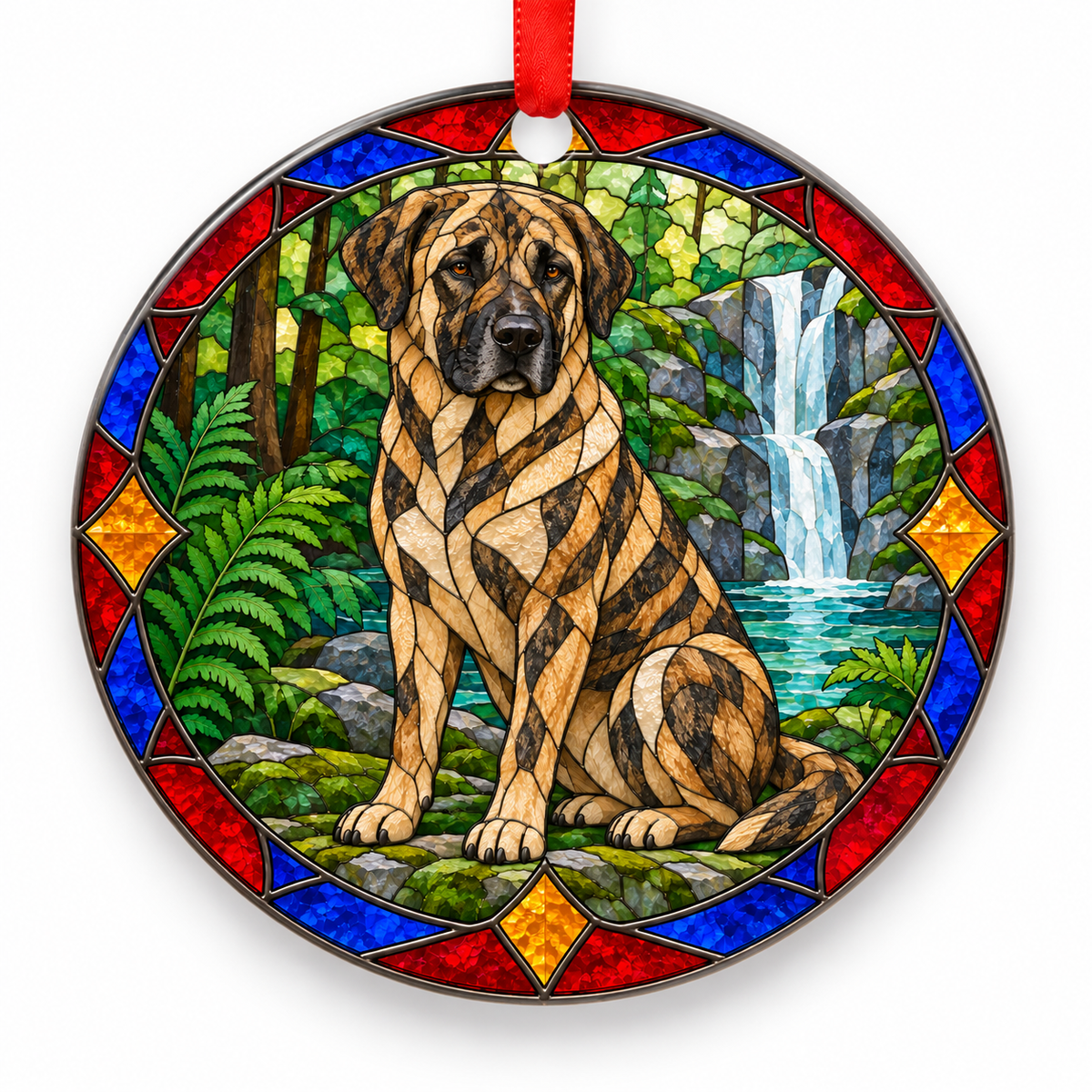 Brindle Anatolian Shepherd Dog stained glass style porcelain Christmas ornament with red ribbon