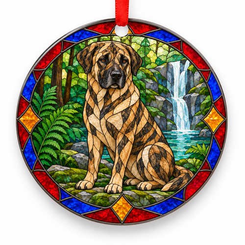 Brindle Anatolian Shepherd Dog stained glass style porcelain Christmas ornament with red ribbon