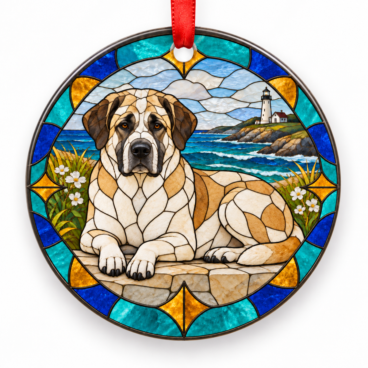 Pinto Anatolian Shepherd Dog stained glass style porcelain Christmas ornament with red ribbon