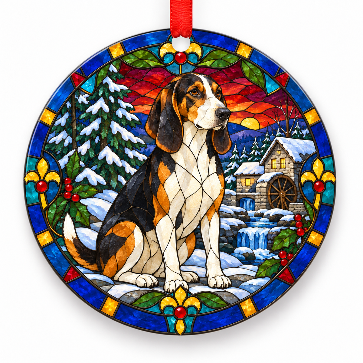 Original Anglo-Français de Petite Vénerie stained glass style porcelain Christmas ornament with red ribbon