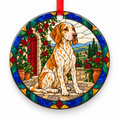 Original Ariege Pointing Dog stained glass style porcelain Christmas ornament with red ribbon