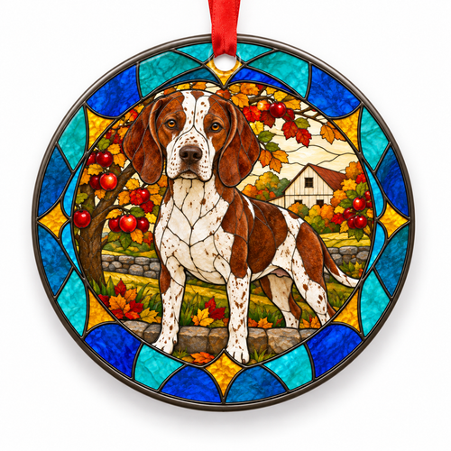 Chestnut White Ariege Pointing Dog stained glass style porcelain Christmas ornament with red ribbon