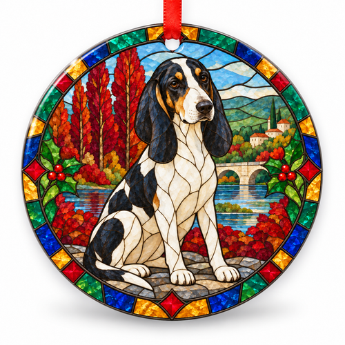 Original Ariégeois stained glass style porcelain Christmas ornament with red ribbon