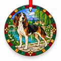 Original Artois Hound stained glass style porcelain Christmas ornament with red ribbon
