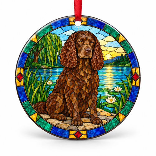 Original American Water Spaniel stained glass style porcelain Christmas ornament with red ribbon