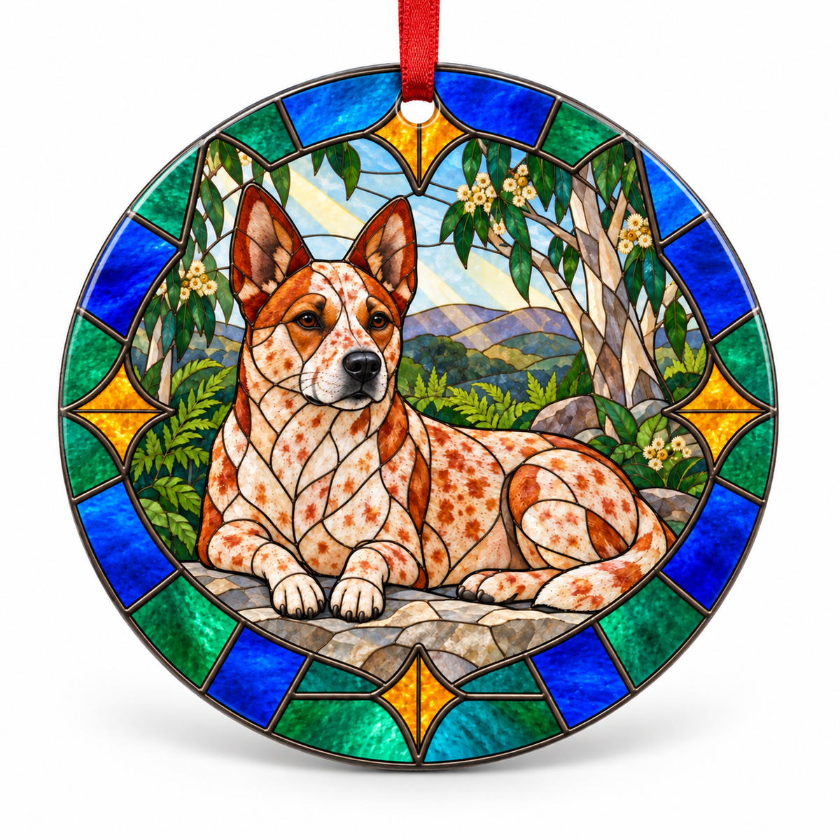 Red Australian Cattle Dog stained glass style porcelain Christmas ornament with red ribbon