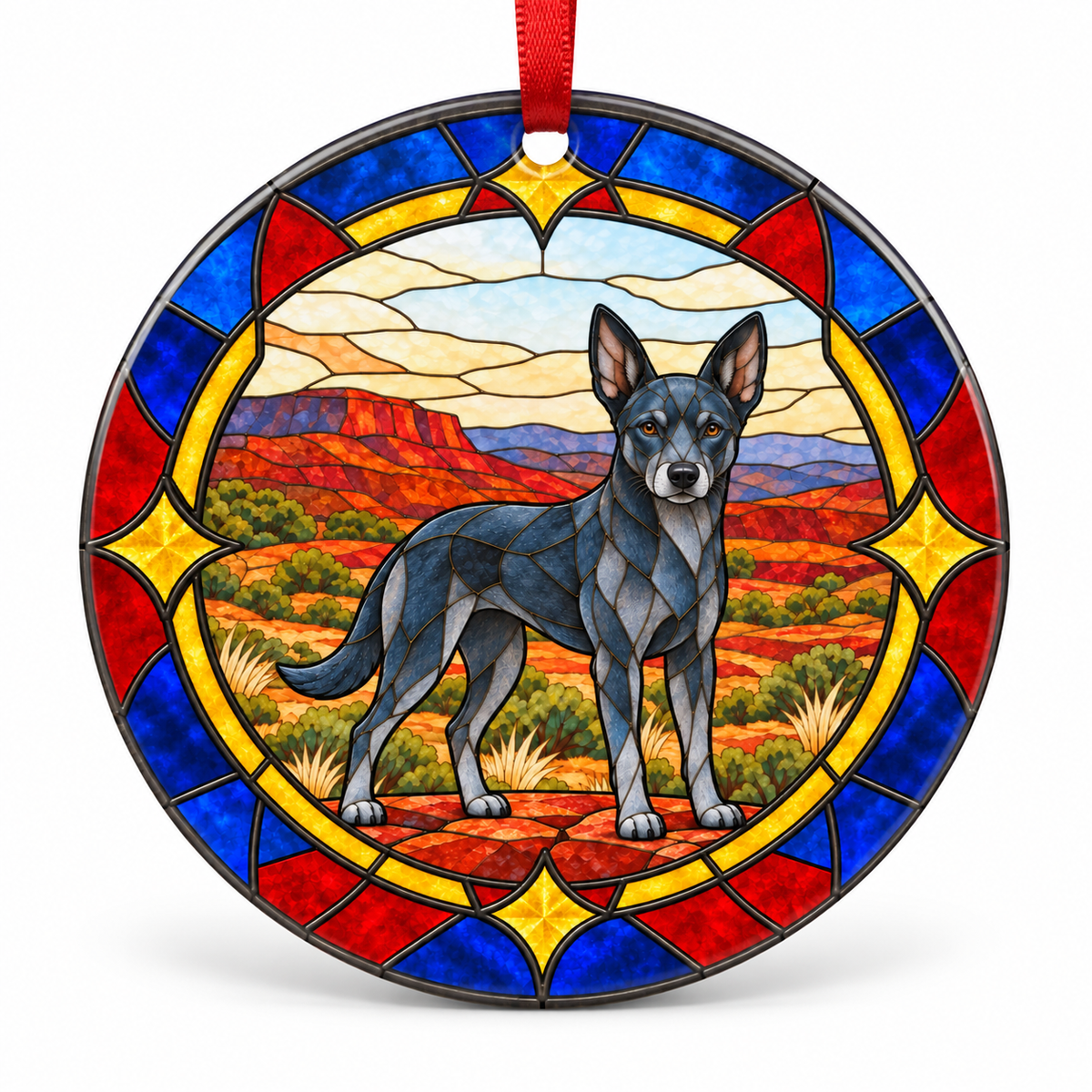 Smoky Blue Australian Kelpie stained glass style porcelain Christmas ornament with red ribbon