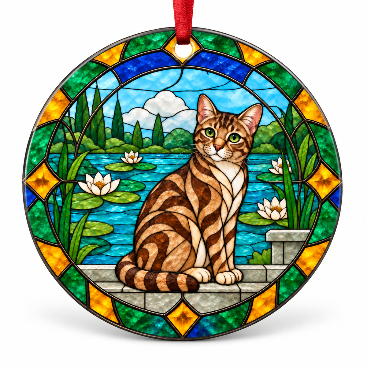 Brown Marble Australian Mist stained glass style porcelain Christmas ornament with red ribbon