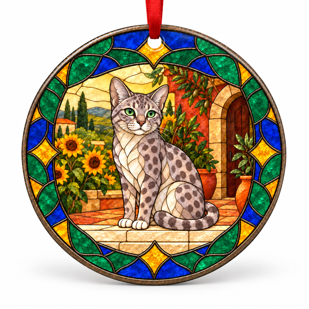 Lilac Spotted Australian Mist stained glass style porcelain Christmas ornament with red ribbon