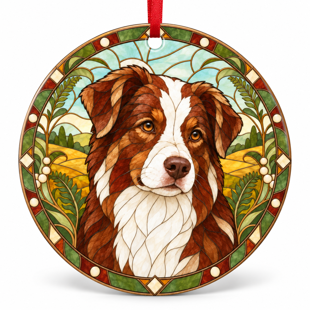 Red Bicolor Australian Shepherd stained glass style porcelain Christmas ornament with red ribbon