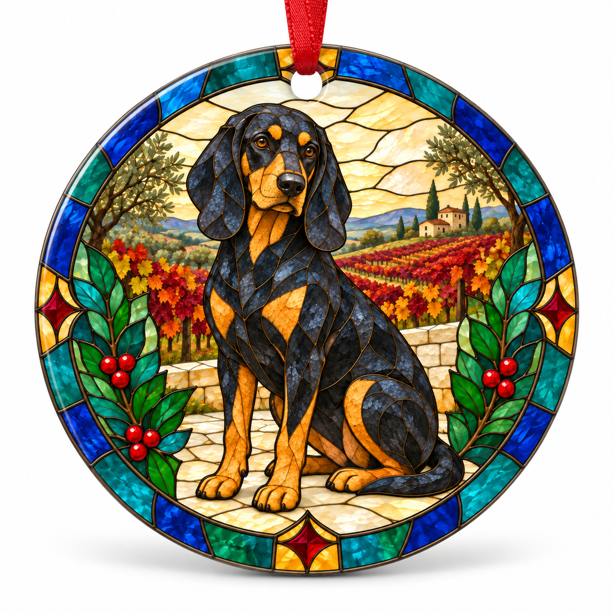 Original Austrian Black and Tan Hound stained glass style porcelain Christmas ornament with red ribbon