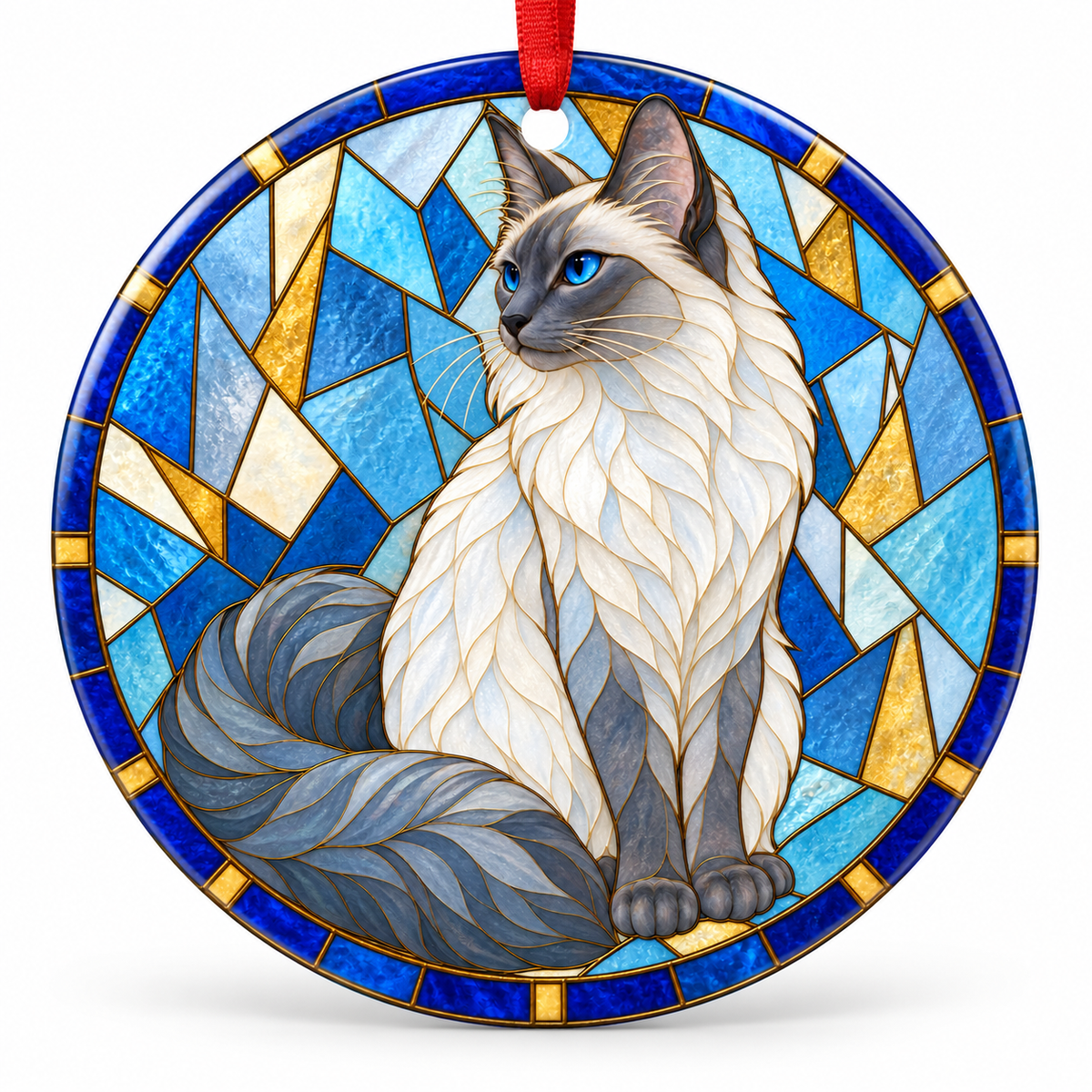 Blue Point Balinese stained glass style porcelain Christmas ornament with red ribbon