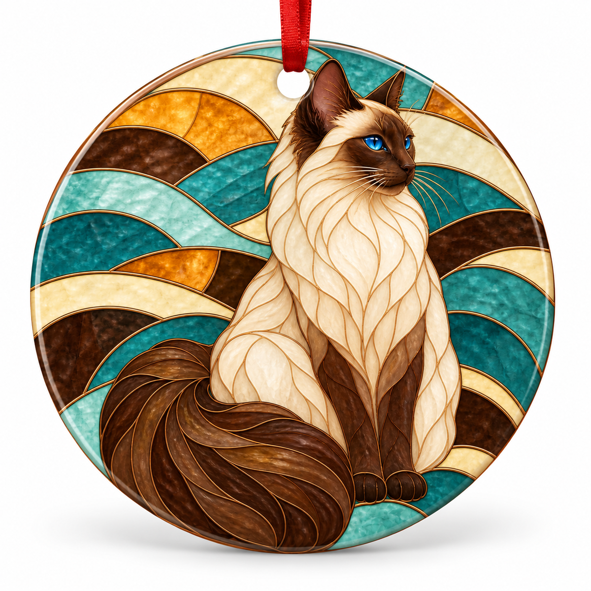 Chocolate Point Balinese stained glass style porcelain Christmas ornament with red ribbon