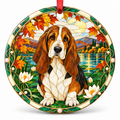 Original Basset Hound stained glass style porcelain Christmas ornament with red ribbon