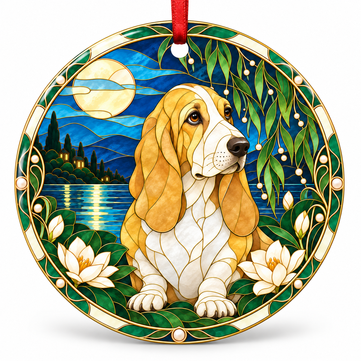 Lemon And White Basset Hound stained glass style porcelain Christmas ornament with red ribbon