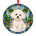 White Bichon Frise stained glass style porcelain Christmas ornament with red ribbon