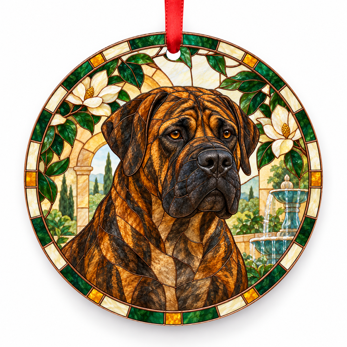 Boerboel Dark Brindle porcelain Christmas ornament with red ribbon — ORN-10275