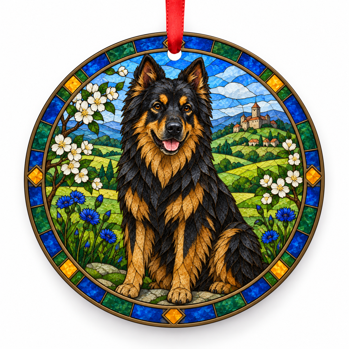 Bohemian Shepherd Dog Black and Tan porcelain Christmas ornament with red ribbon — ORN-10278