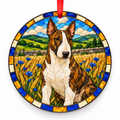 Bull Terrier Brindle and White porcelain Christmas ornament with red ribbon — ORN-10364