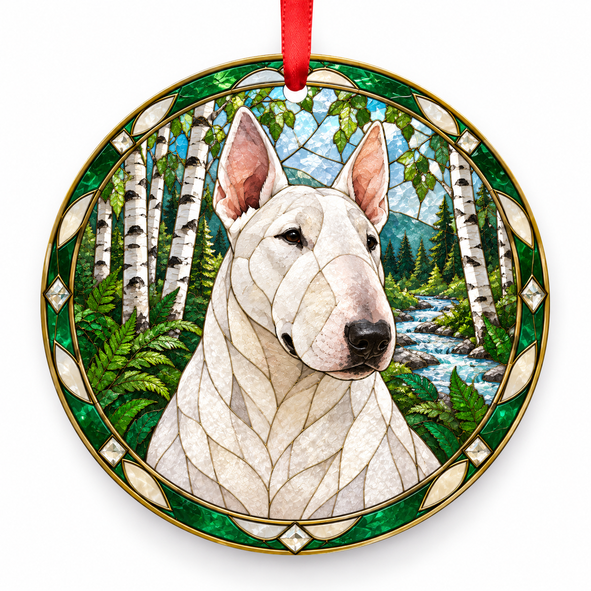 Bull Terrier White porcelain Christmas ornament with red ribbon — ORN-10365