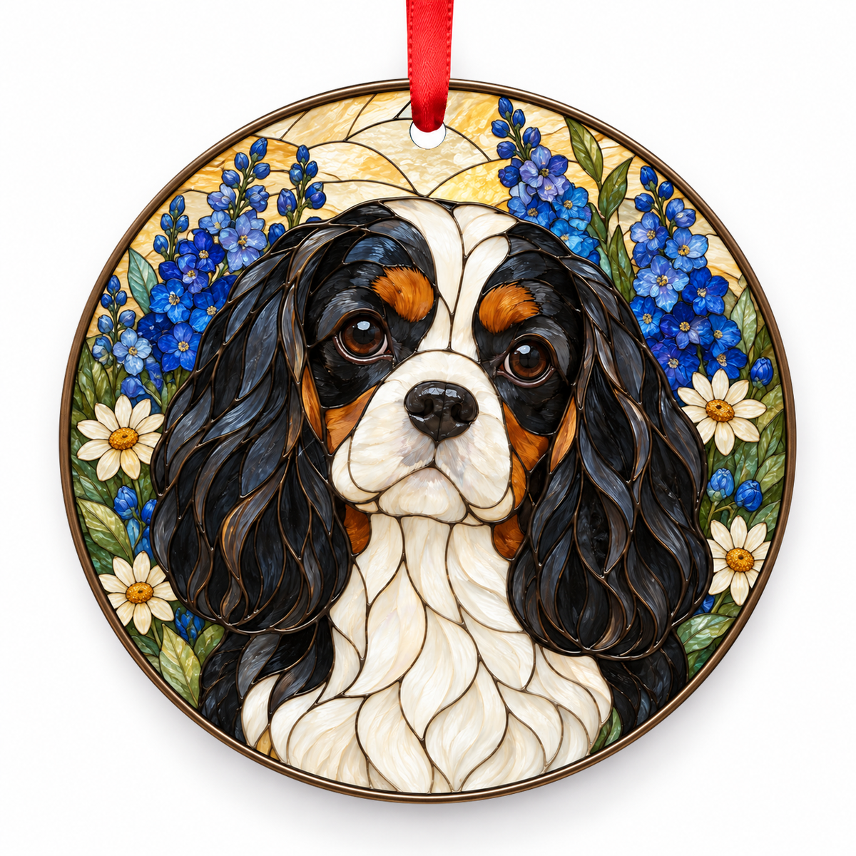 Cavalier King Charles Spaniel Tricolor porcelain Christmas ornament with red ribbon — ORN-10417