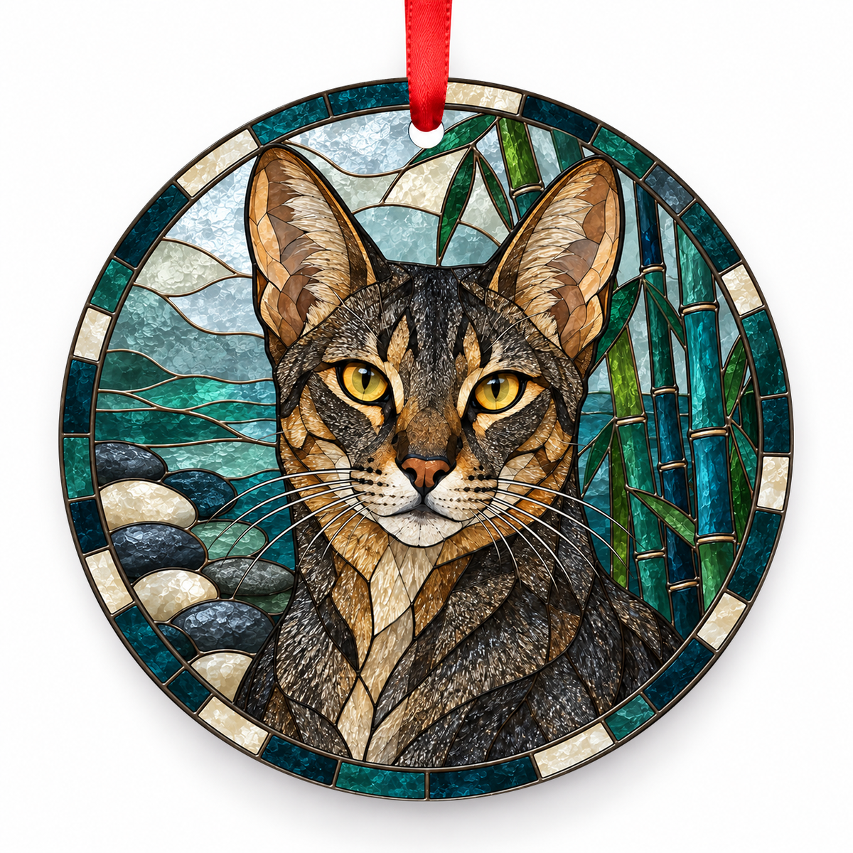 Chausie Black Grizzled Ticked porcelain Christmas ornament with red ribbon — ORN-10428