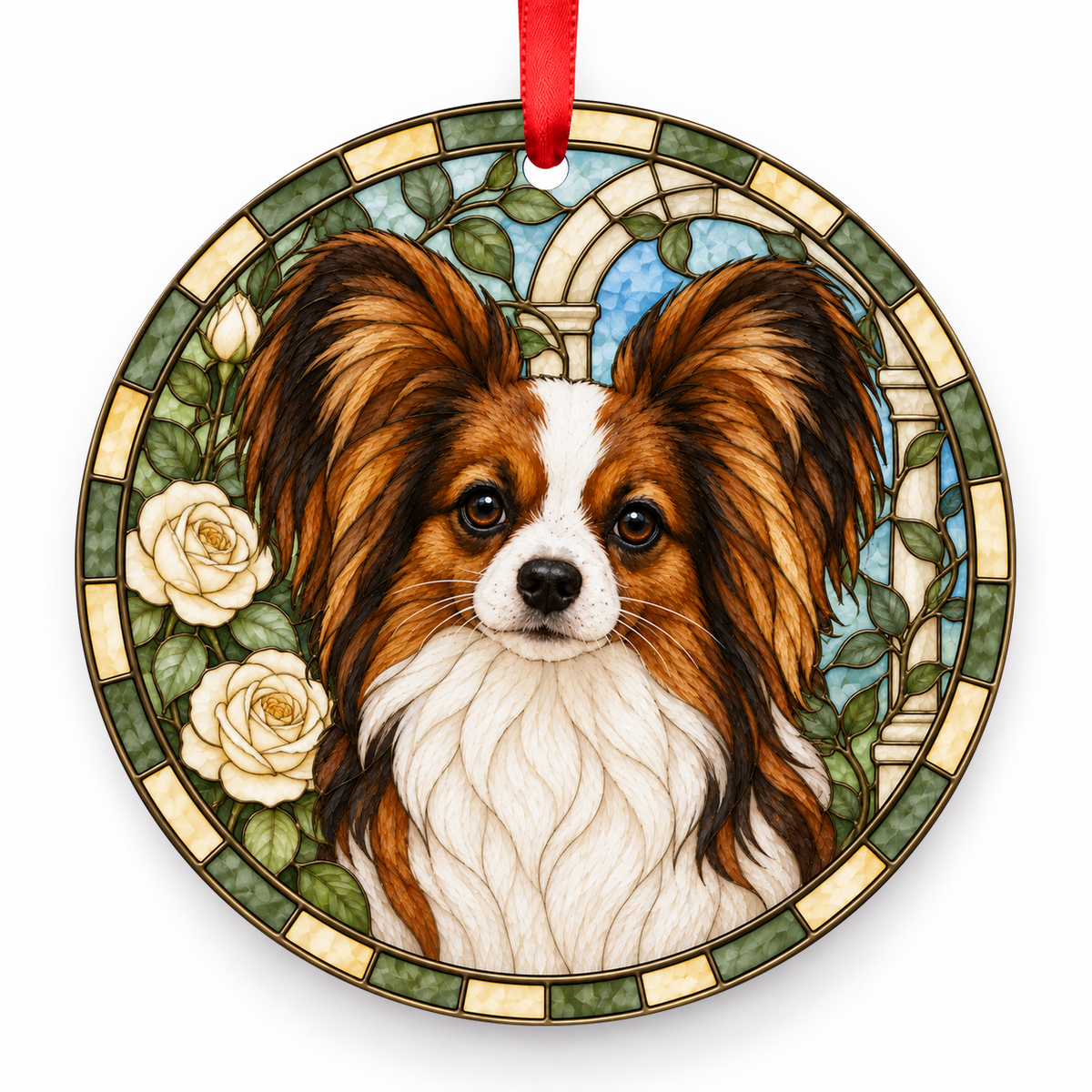 Papillon Red and White porcelain Christmas ornament with red ribbon — ORN-10489