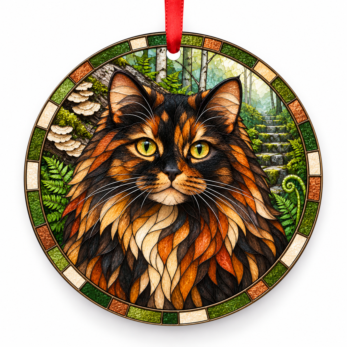 Cymric Tortoiseshell porcelain Christmas ornament with red ribbon — ORN-10512