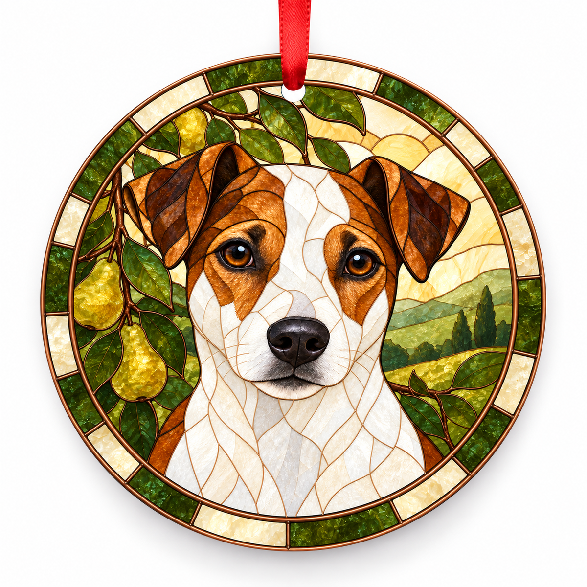 Danish-Swedish Farmdog Brown and White porcelain Christmas ornament with red ribbon — ORN-10529