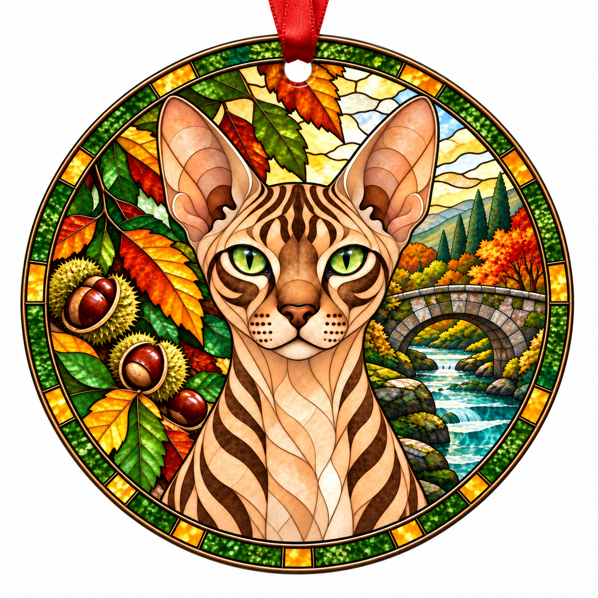 Donskoy Brown Classic Tabby porcelain Christmas ornament with red ribbon — ORN-10570