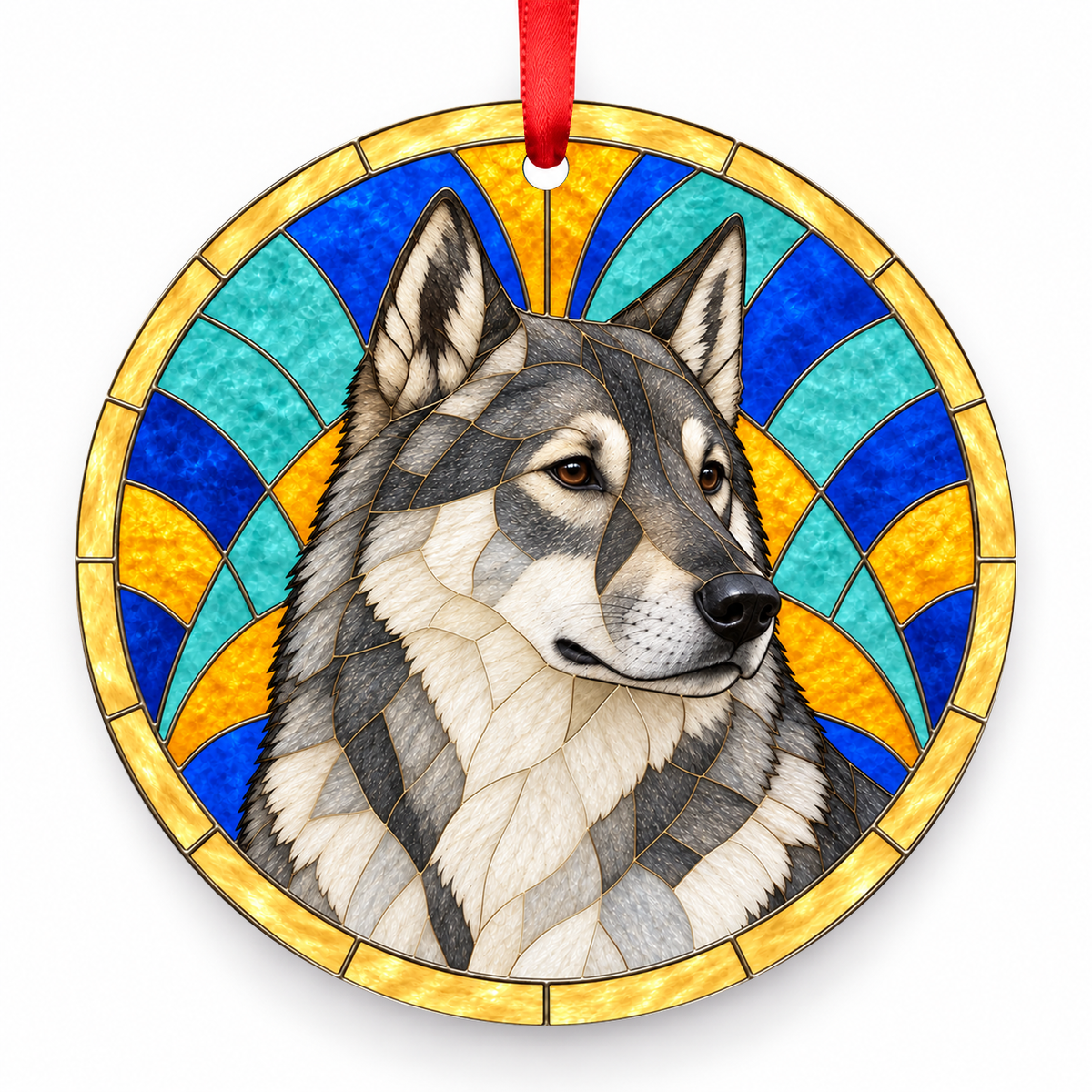East Siberian Laika Gray Grizzle stained glass style Christmas ornament with red ribbon — ORN-10612