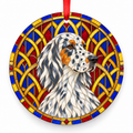 Blue Belton Tan English Setter stained glass style porcelain Christmas ornament with red ribbon