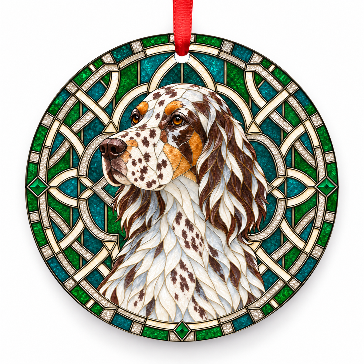 Liver Belton Tan English Setter stained glass style porcelain Christmas ornament with red ribbon