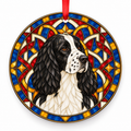 Black, White English Springer Spaniel stained glass style porcelain Christmas ornament with red ribbon
