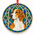 Golden Tan White Estonian Hound stained glass style porcelain Christmas ornament with red ribbon