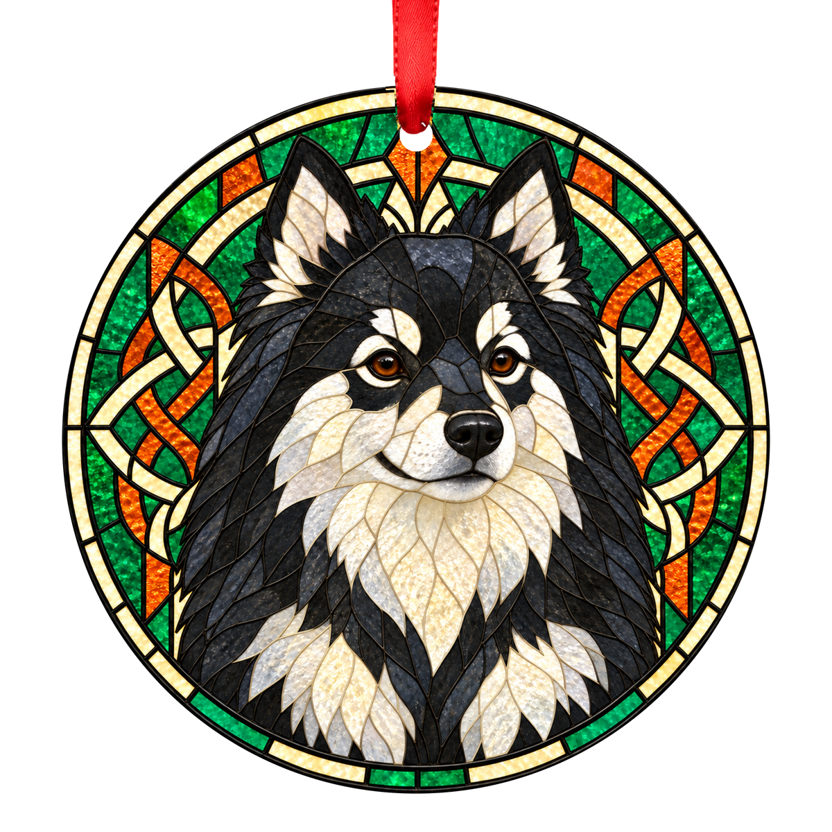 German Spitz Black and Silver stained glass style Christmas ornament