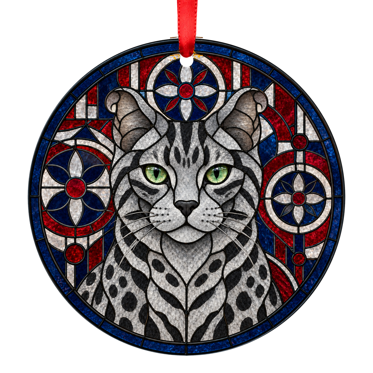 Highlander Silver Tabby Stained Glass Style Christmas Ornament