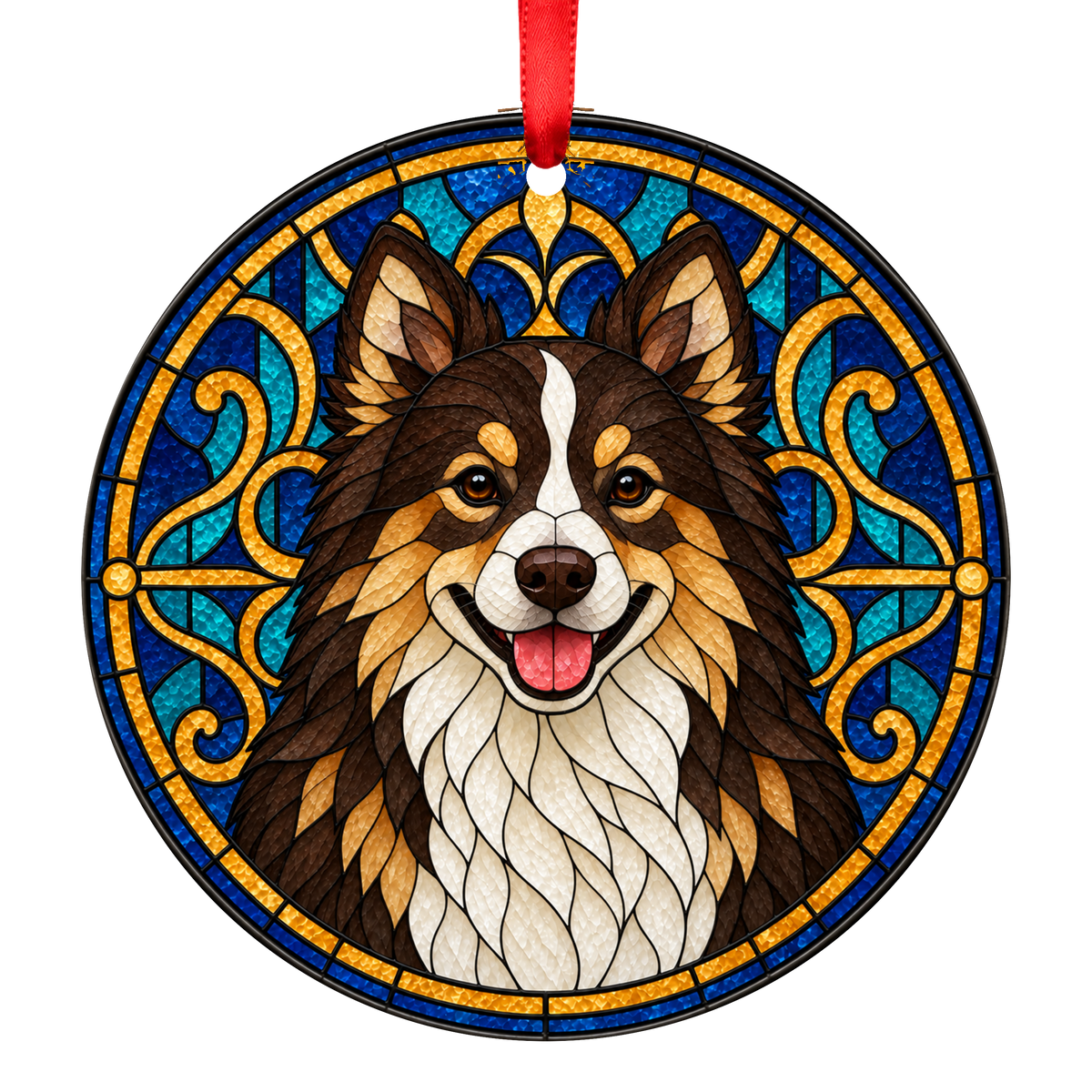 Icelandic Sheepdog Chocolate Tan and White stained glass style Christmas ornament mockup