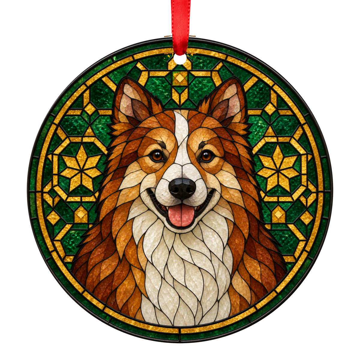 Icelandic Sheepdog Red and White stained glass style Christmas ornament mockup
