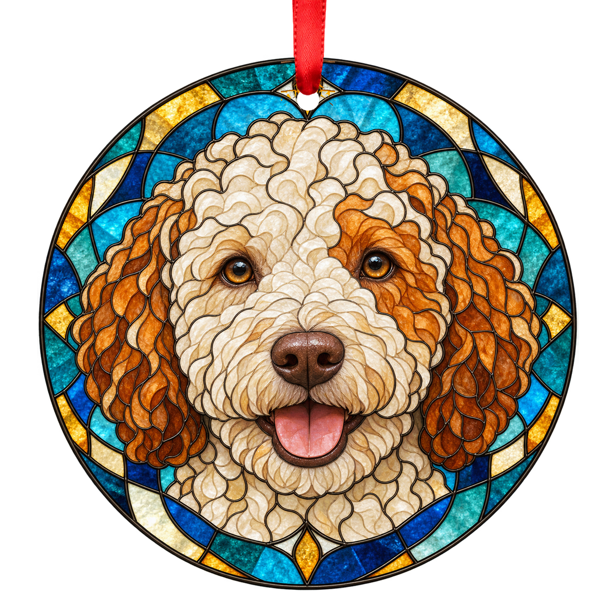 Lagotto Romagnolo Off White and Orange stained glass pet Christmas ornament