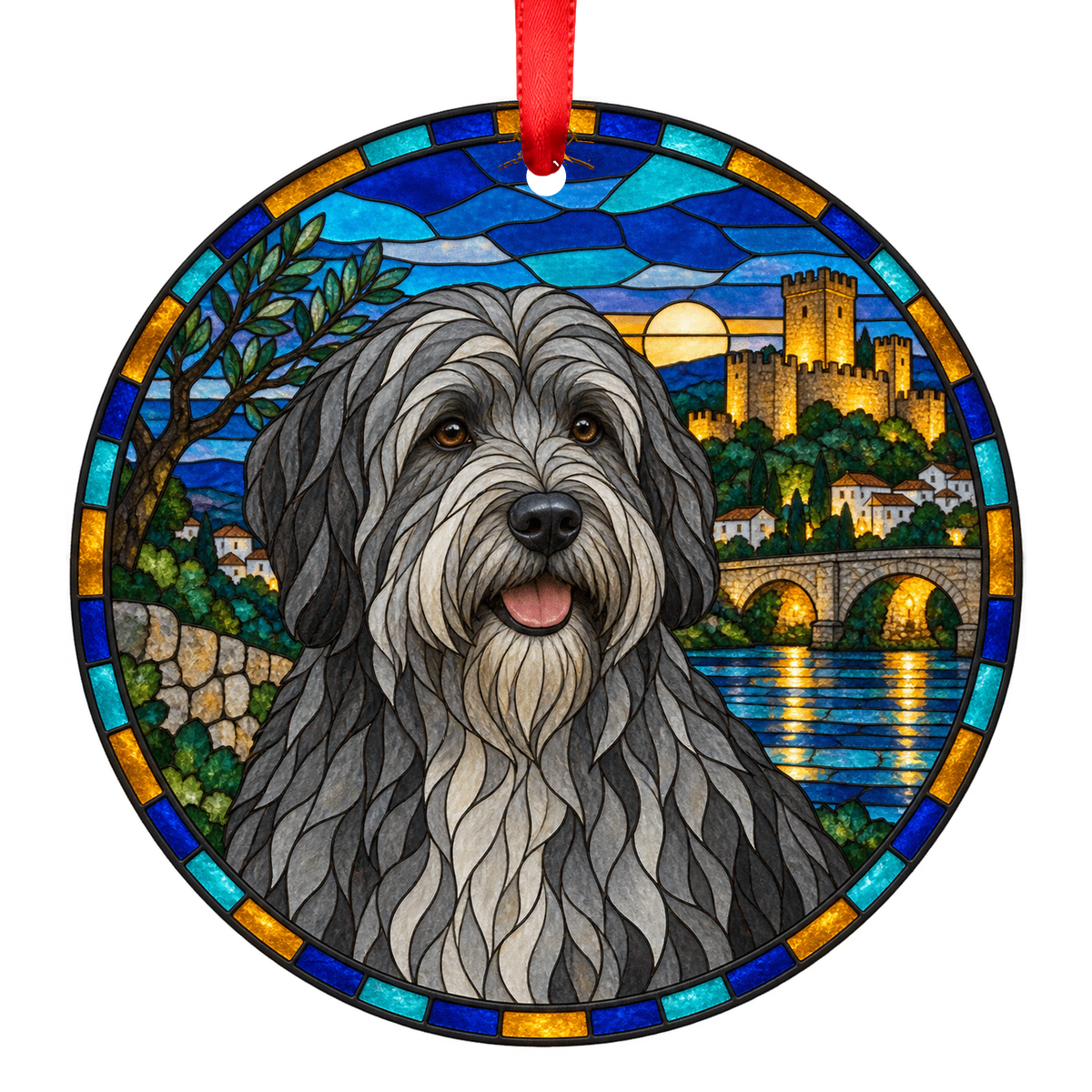 Portuguese Sheepdog Gray porcelain Christmas ornament with red ribbon — ORN-11173