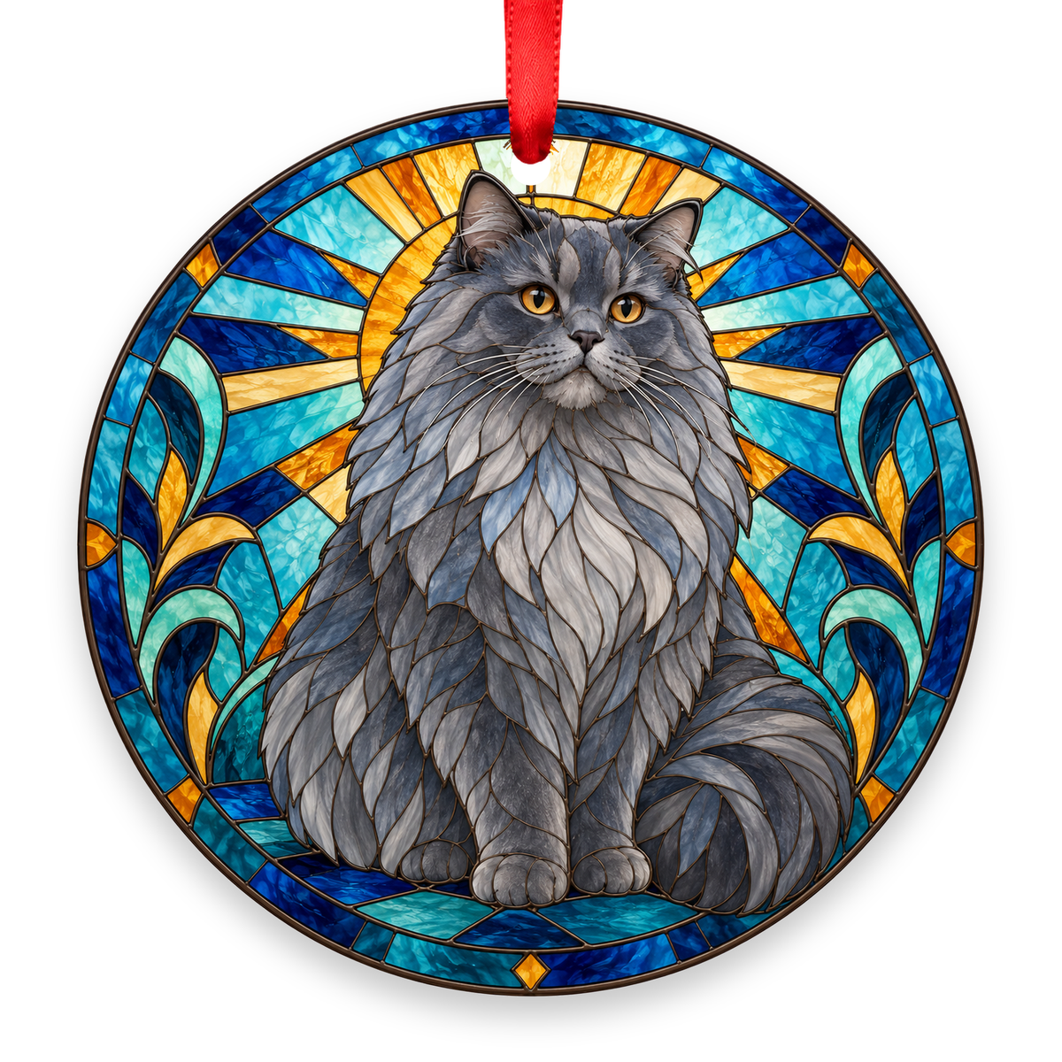 RagaMuffin Blue Gray stained glass style Christmas ornament with red ribbon