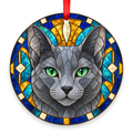 Russian Blue blue gray stained glass style Christmas ornament with red ribbon