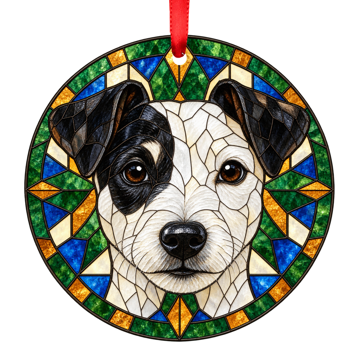 Jack Russell Terrier Black and White Stained Glass Style Christmas Ornament