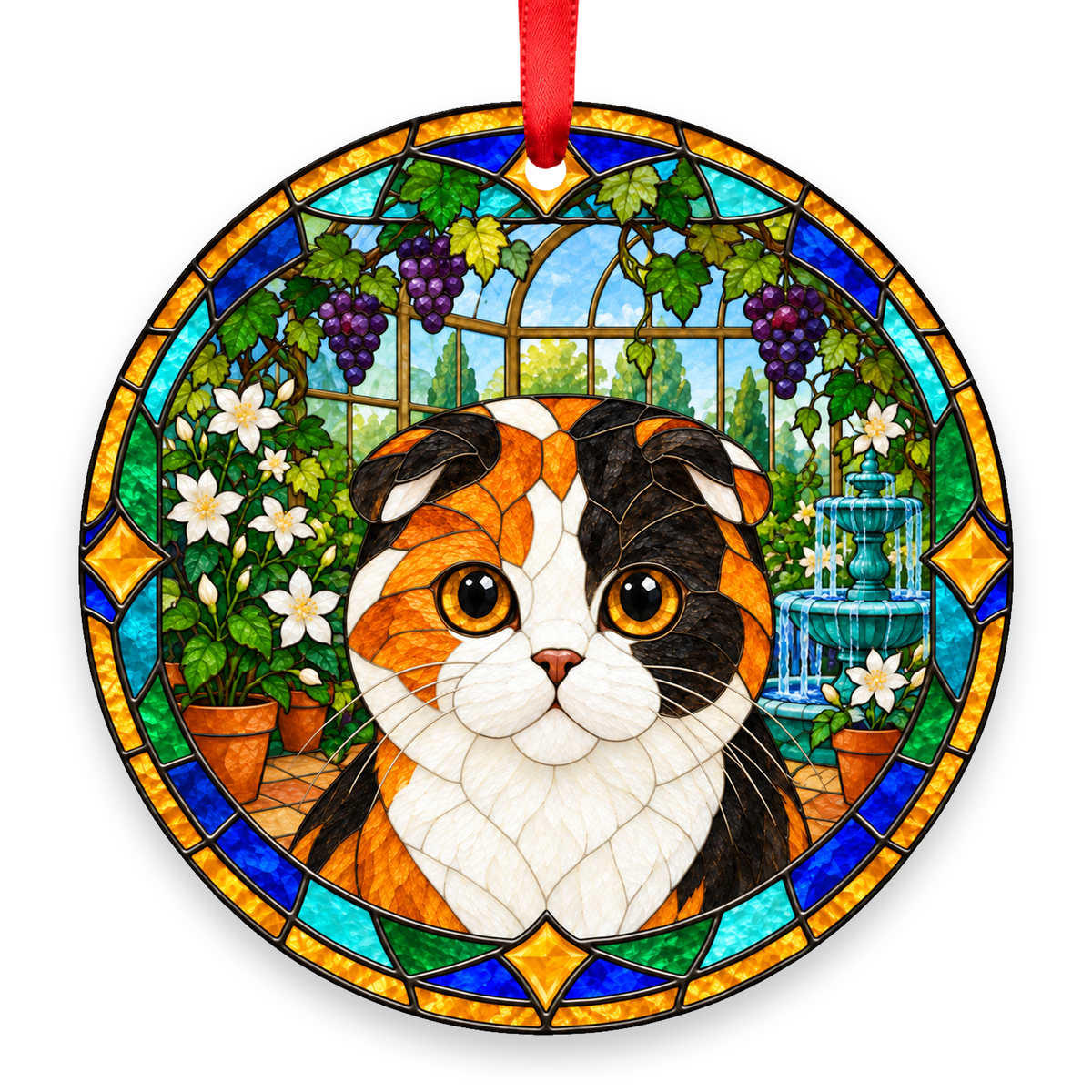 Scottish Fold Calico stained glass style Christmas ornament with red ribbon